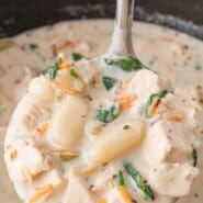 Gnocchi soup Pinterest graphic with text and photos.