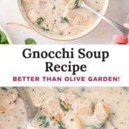 Gnocchi soup Pinterest graphic with text and photos.