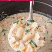 Gnocchi soup Pinterest graphic with text and photos.