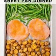 Ham steak sheet pan dinner Pinterest graphic with text and photos.