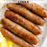 How to Cook Breakfast Sausage Links Pinterest graphic with text and photos.
