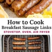 How to Cook Breakfast Sausage Links Pinterest graphic with text and photos.