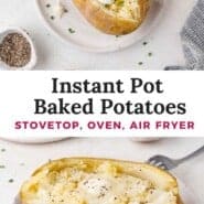 Instant Pot Baked Potatoes Pinterest graphic with text and photos.