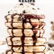 Oreo pancakes Pinterest graphic with text and photos.