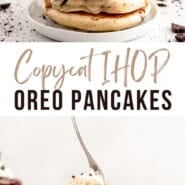 Oreo pancakes Pinterest graphic with text and photos.