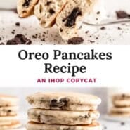Oreo pancakes Pinterest graphic with text and photos.