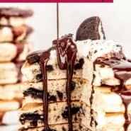 Oreo pancakes Pinterest graphic with text and photos.