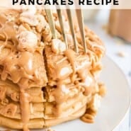 Peanut butter pancakes Pinterest graphic with text and photos.