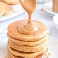 Peanut butter pancakes Pinterest graphic with text and photos.
