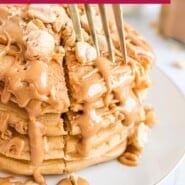 Peanut butter pancakes Pinterest graphic with text and photos.