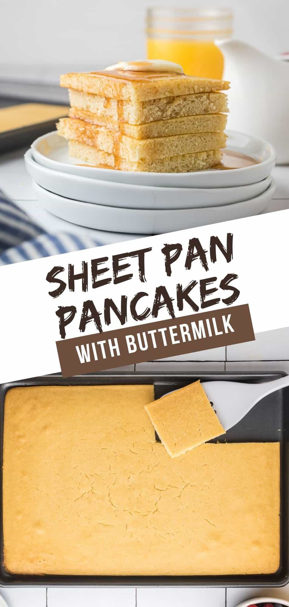 Sheet pan pancakes Pinterest graphic with text and photos.
