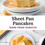 Sheet pan pancakes Pinterest graphic with text and photos.