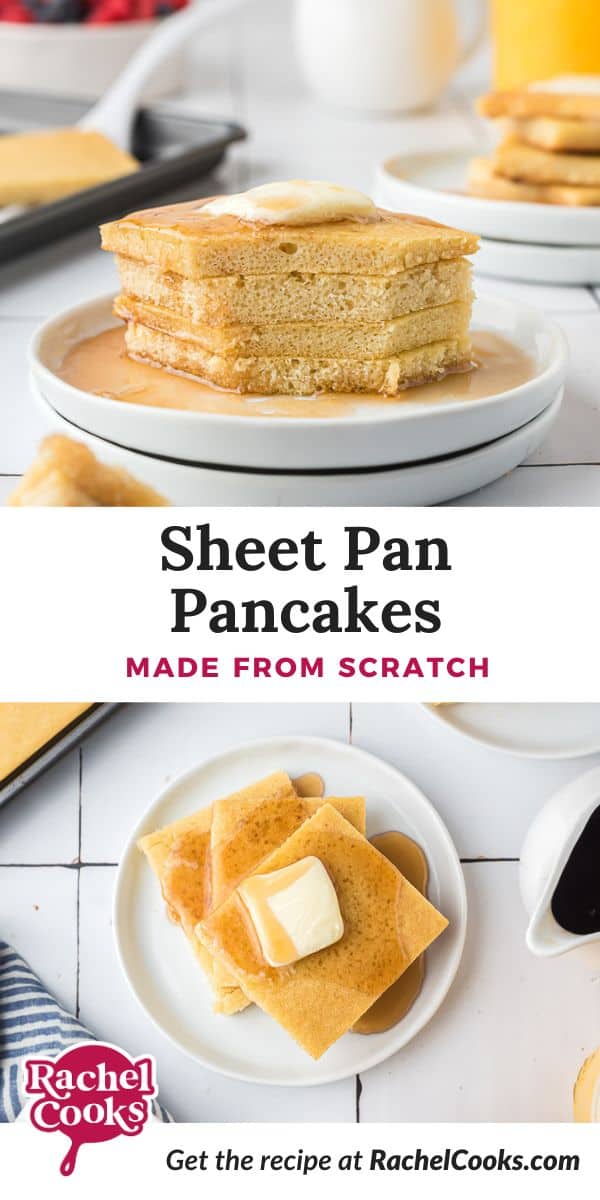 Sheet pan pancakes Pinterest graphic with text and photos.
