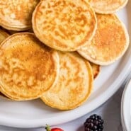 Silver dollar pancakes Pinterest graphic with text and photos.