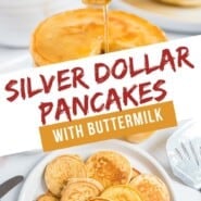 Silver dollar pancakes Pinterest graphic with text and photos.