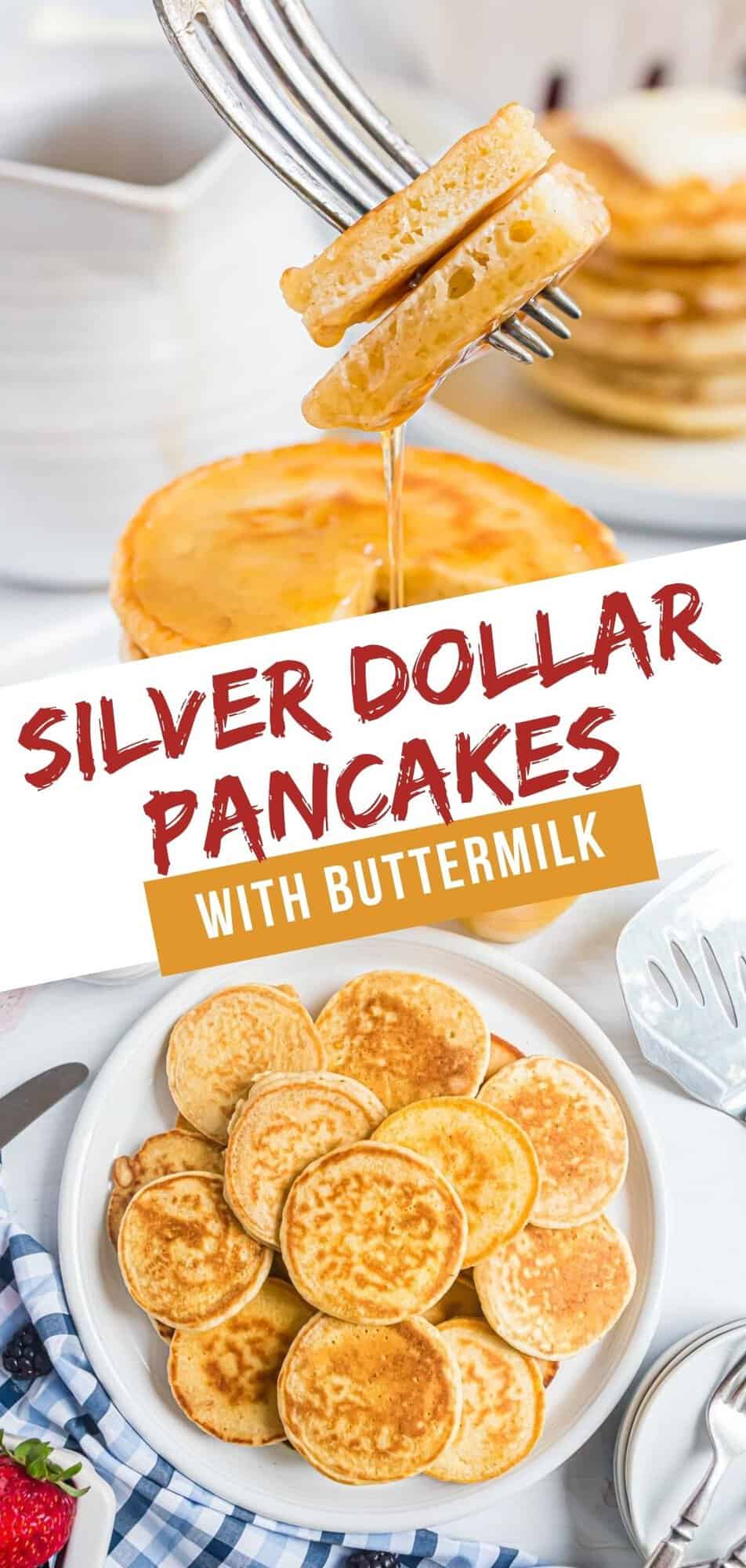 Silver dollar pancakes Pinterest graphic with text and photos.