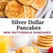 Silver dollar pancakes Pinterest graphic with text and photos.