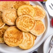 Silver dollar pancakes Pinterest graphic with text and photos.