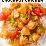 Sweet Hawaiian Crockpot Chicken Pinterest graphic with text and photos.