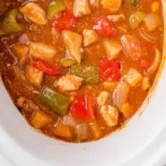 Sweet Hawaiian Crockpot Chicken Pinterest graphic with text and photos.