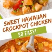 Sweet Hawaiian Crockpot Chicken Pinterest graphic with text and photos.