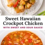 Sweet Hawaiian Crockpot Chicken Pinterest graphic with text and photos.