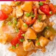 Sweet Hawaiian Crockpot Chicken Pinterest graphic with text and photos.
