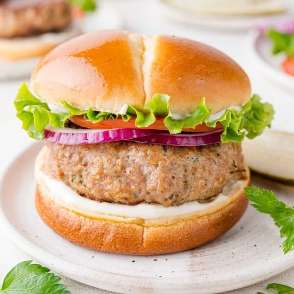 A turkey burger with lettuce, tomato, and red onion on a bun, served on a white plate.