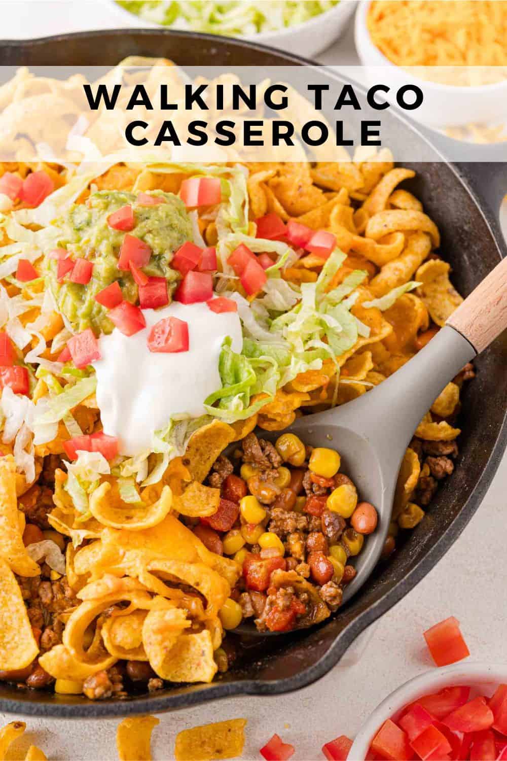 Walking taco casserole Pinterest graphic with text and photos.