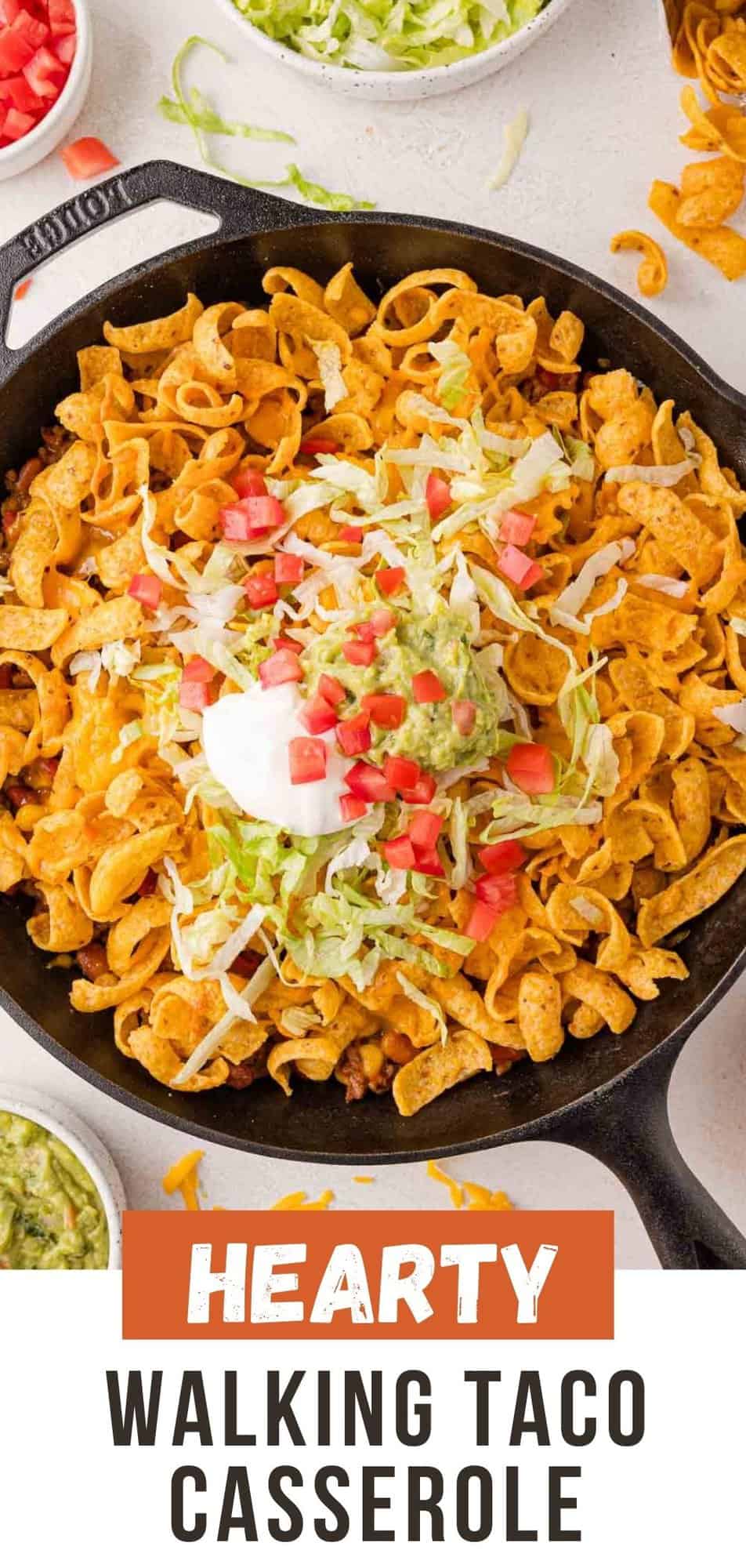 Walking taco casserole Pinterest graphic with text and photos.
