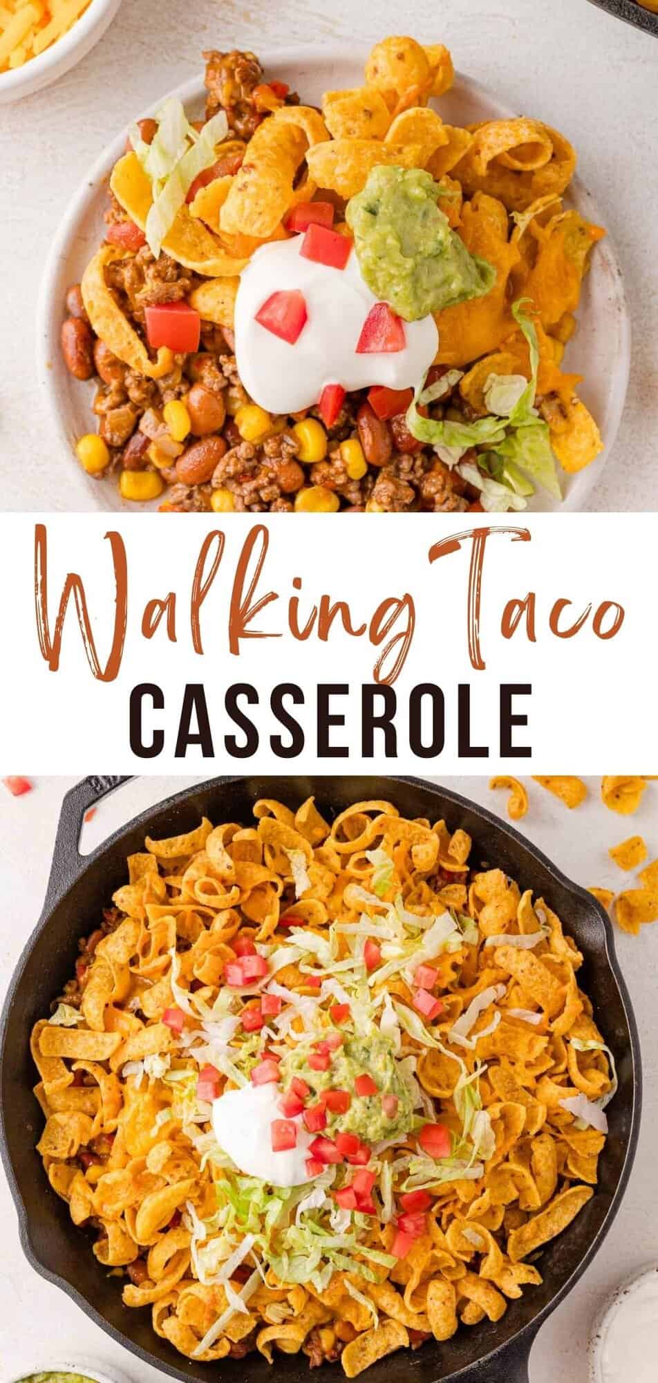 Walking taco casserole Pinterest graphic with text and photos.