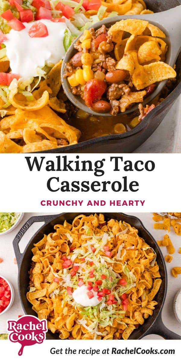 Walking taco casserole Pinterest graphic with text and photos.