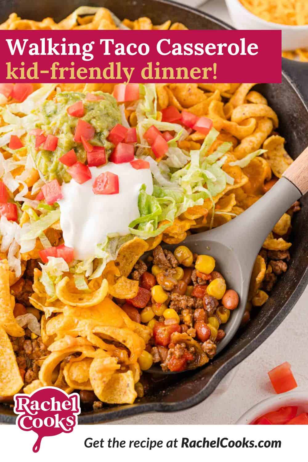 Walking taco casserole Pinterest graphic with text and photos.