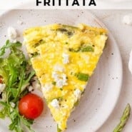 Asparagus frittata Pinterest graphic with text and photos.