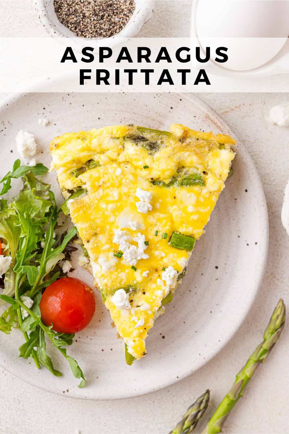 Asparagus frittata Pinterest graphic with text and photos.