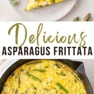 Asparagus frittata Pinterest graphic with text and photos.