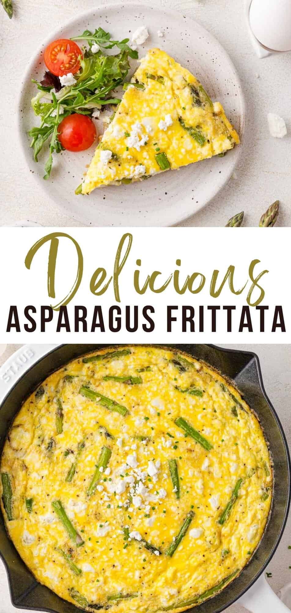 Asparagus frittata Pinterest graphic with text and photos.
