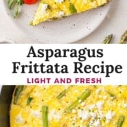 Asparagus frittata Pinterest graphic with text and photos.