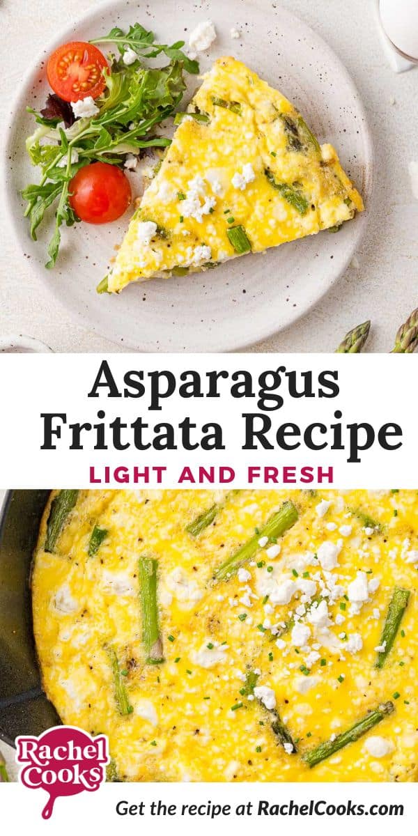 Asparagus frittata Pinterest graphic with text and photos.