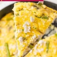 Asparagus frittata Pinterest graphic with text and photos.