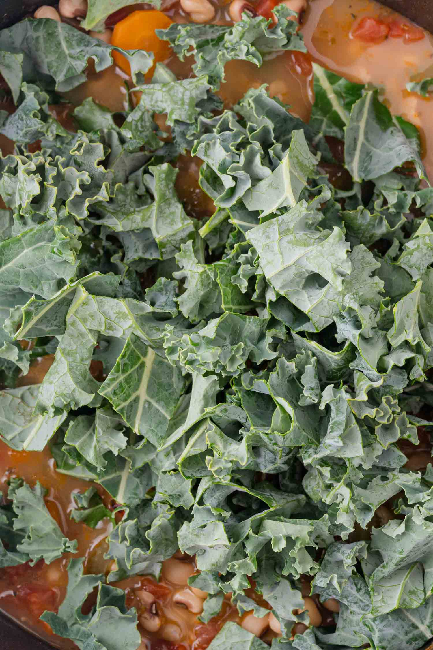 Black-Eyed Pea Soup 14 Chopped fresh kale leaves on top of a mixture of vegetables and beans in a cooking pot.
