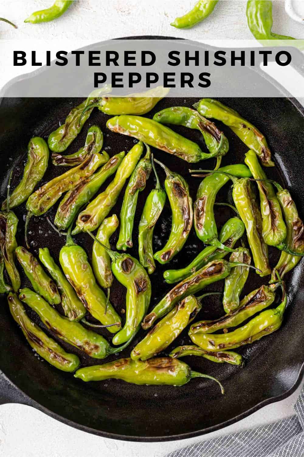 Blistered shishito peppers Pinterest graphic with text and photos.