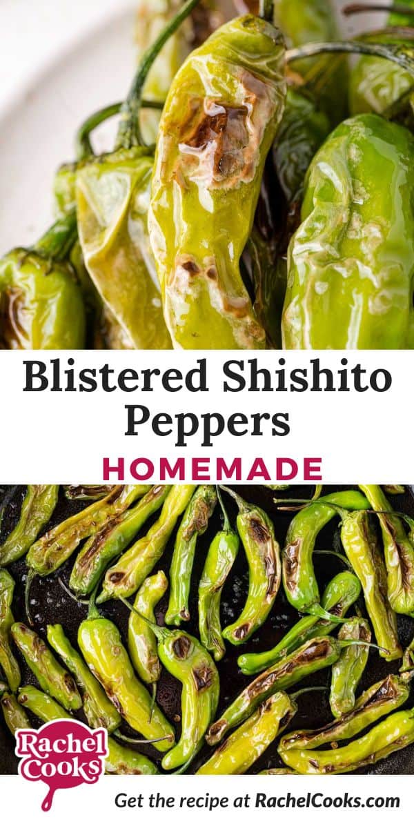 Blistered shishito peppers Pinterest graphic with text and photos.