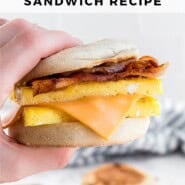 Breakfast sandwich Pinterest graphic with text and photos.