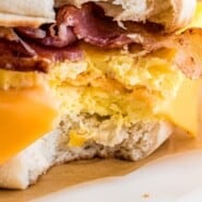 Breakfast sandwich Pinterest graphic with text and photos.