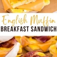Breakfast sandwich Pinterest graphic with text and photos.
