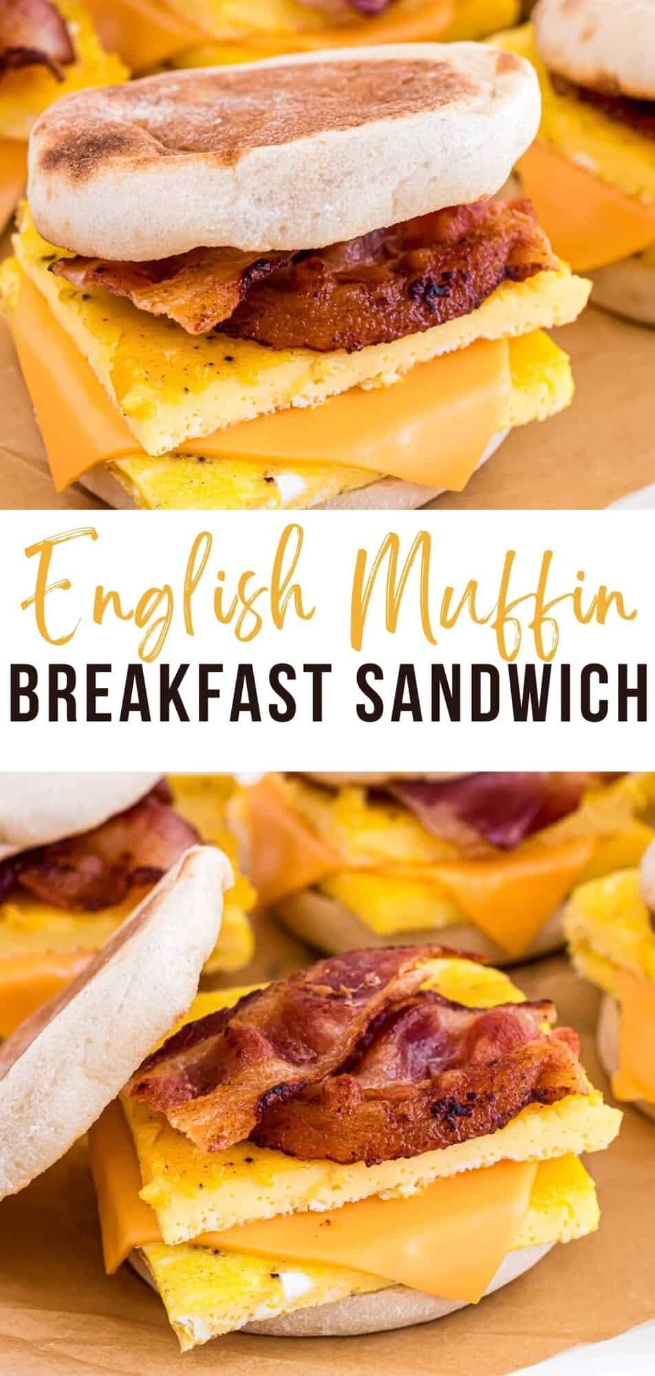 Breakfast sandwich Pinterest graphic with text and photos.