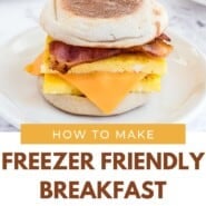 Breakfast sandwich Pinterest graphic with text and photos.