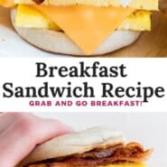 Breakfast sandwich Pinterest graphic with text and photos.
