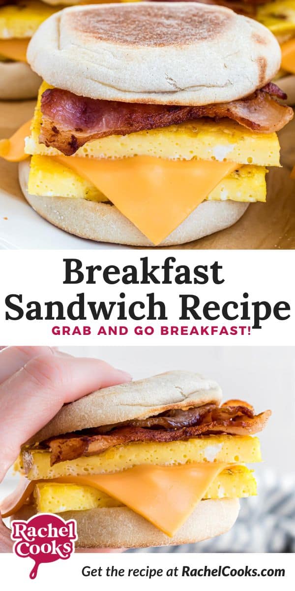 Breakfast sandwich Pinterest graphic with text and photos.
